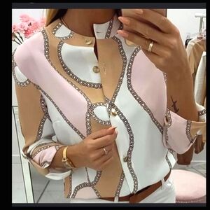 Woman's Classic Blouse Top Tri-colored Gold Buttons chain pattern NWT SIZE Small